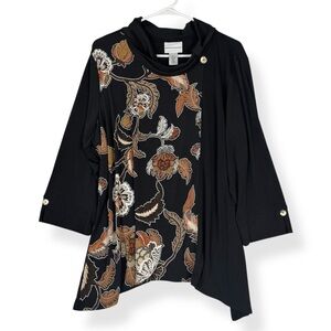 Alfred Dunner Top Womens XL Cowl Neck Floral Textured 3/4 Sleeves